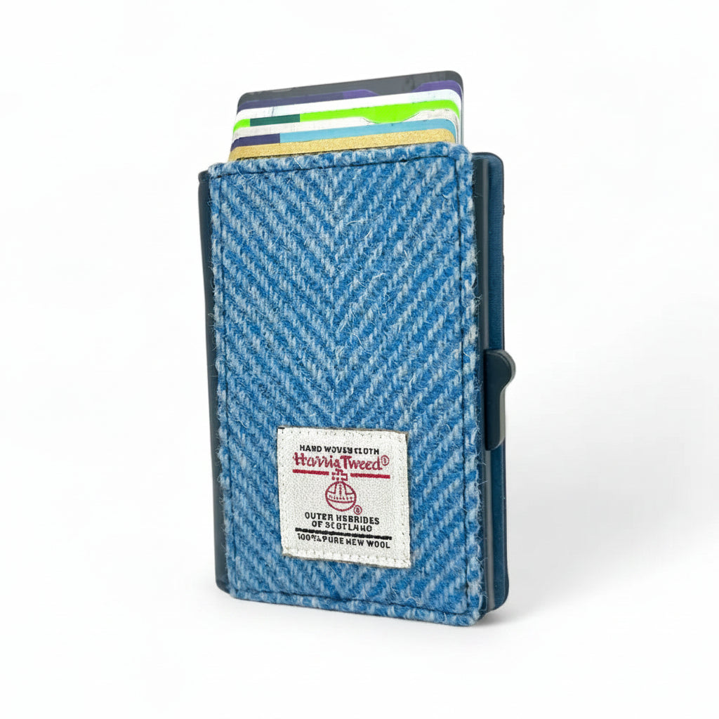 Sky Blue Harris Tweed wallet front view with cards partially visible