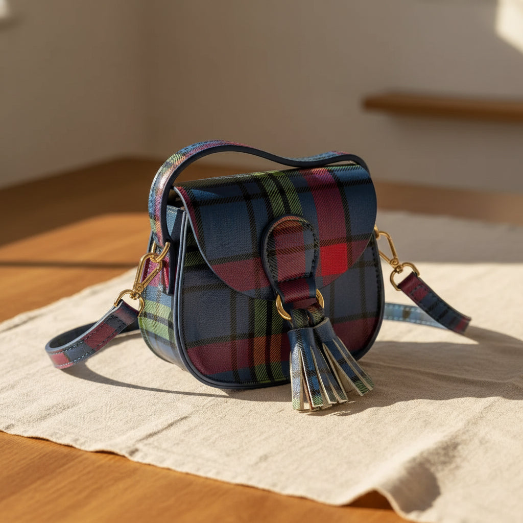 Tartan sporran bag viewed from another angle showing the crossbody strap