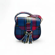 Child sized tartan sporran crossbody bag with tassels and a flap closure