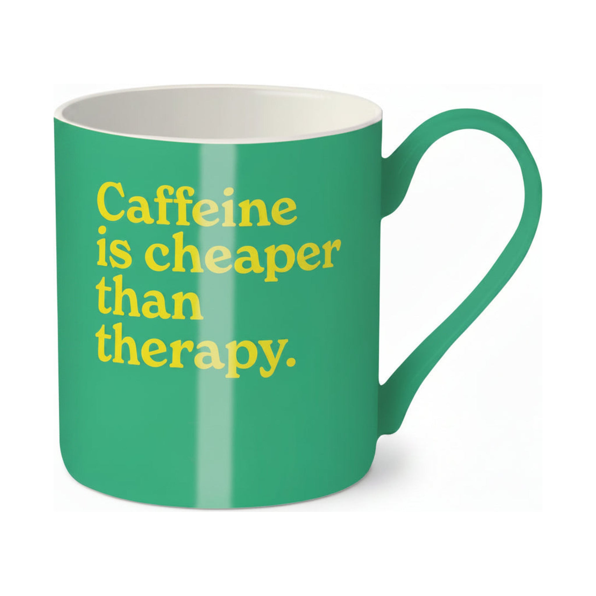Caffeine Is Cheaper Than Therapy green bone china mug with yellow lettering