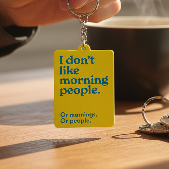 Mint Publishing 'I Don't Like Morning People' yellow keyring with blue text