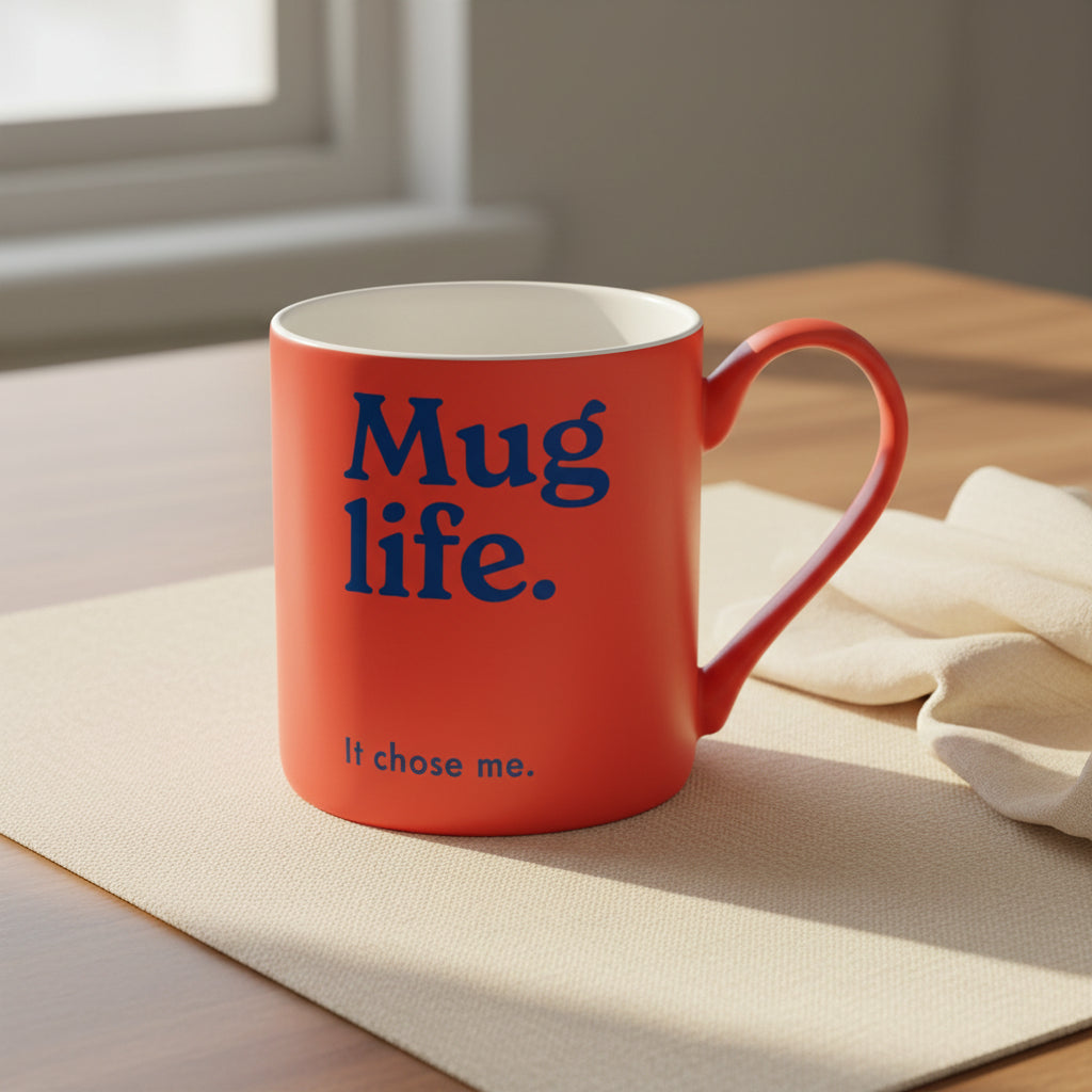 Coral Mug Life mug shown side on against a plain white background
