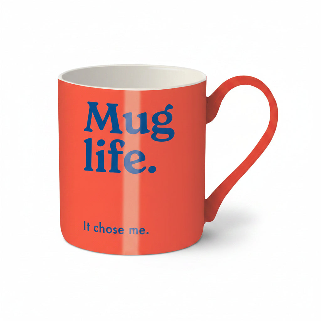 Mug Life coral bone china mug with bold navy lettering