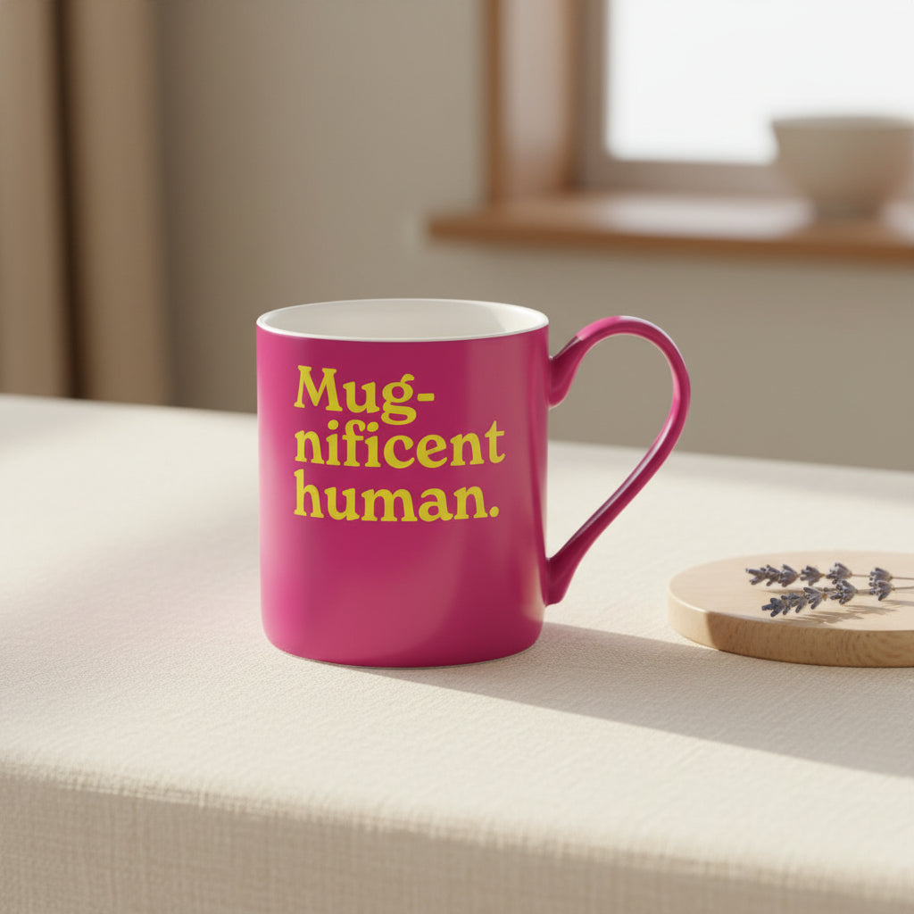 Hot pink Mug-nificent Human mug shown side on against a plain white background