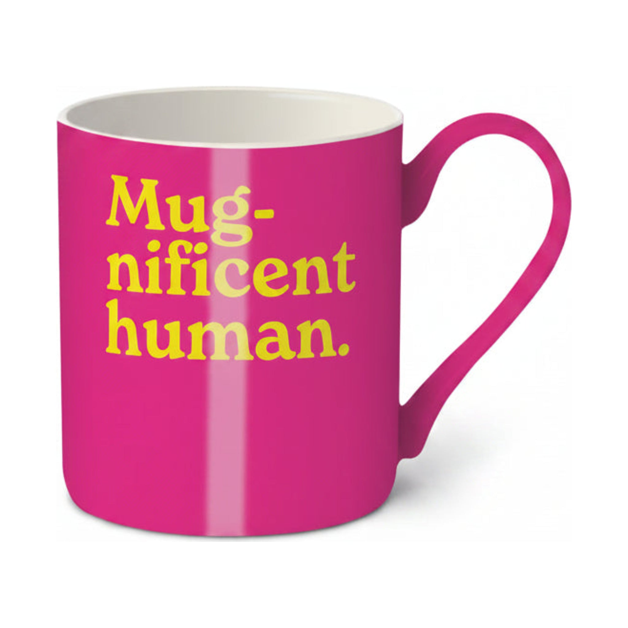 Mug-nificent Human hot pink bone china mug with bold yellow lettering