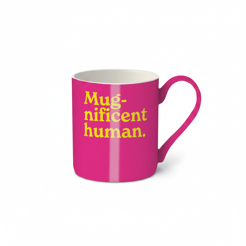 Mug-nificent Human hot pink bone china mug with bold yellow lettering