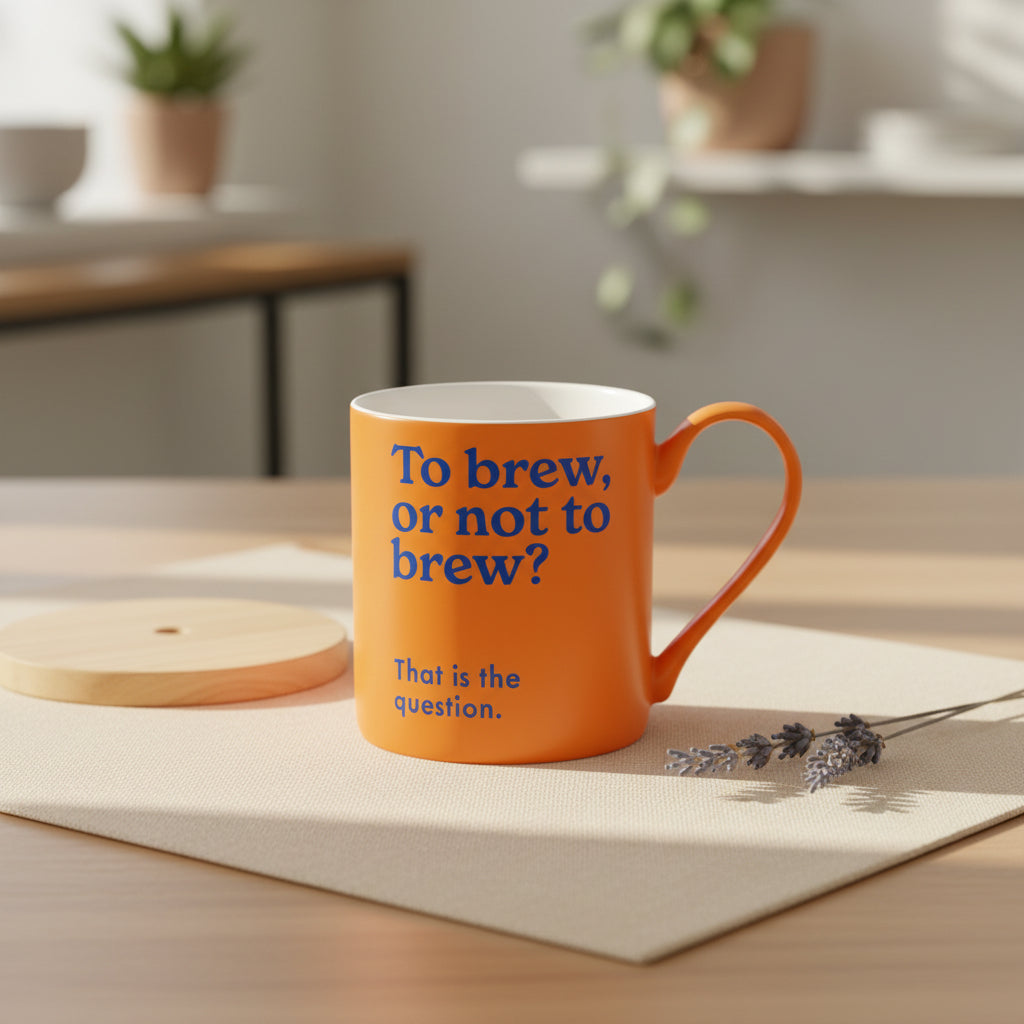 Orange To Brew Or Not To Brew mug shown side on against a plain white background