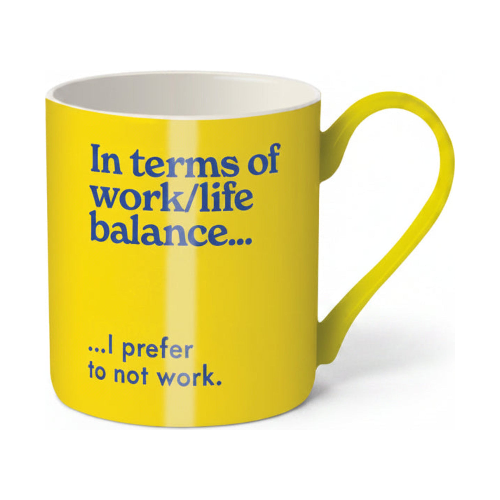 Work/Life Balance bright yellow bone china mug with navy lettering