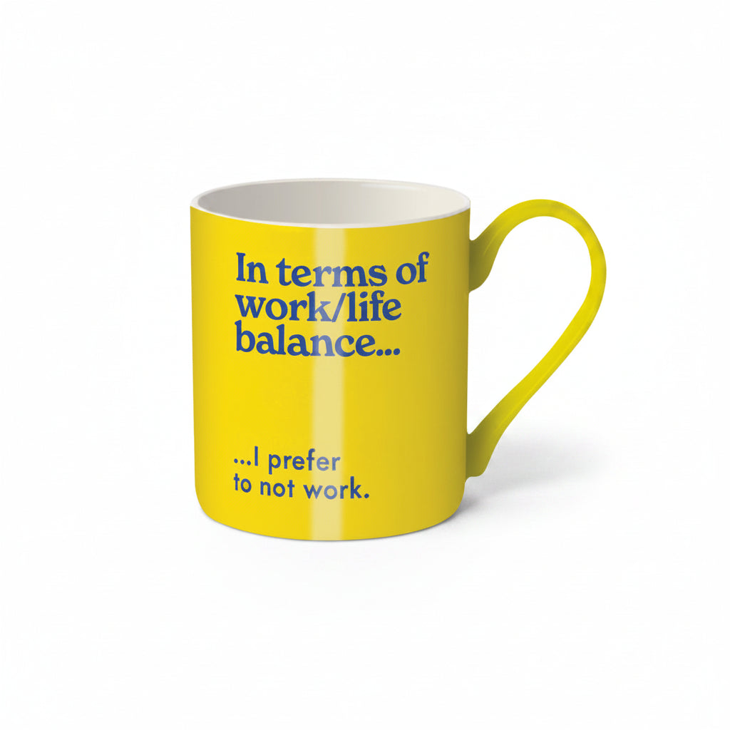 Work/Life Balance bright yellow bone china mug with navy lettering