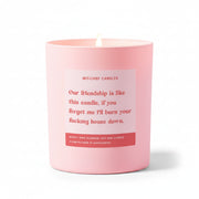 A pink soy wax candle in a matte pink glass jar with a white label that reads 'MISCHIEF CANDLES' and a humorous phrase in pink text. The candle is lit with a small flame and sits on a matching pink pedestal against a soft pink background.