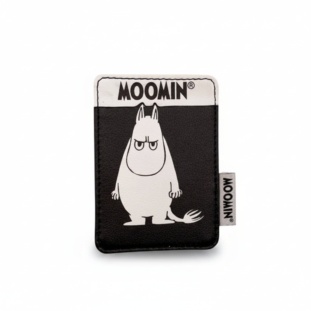 Close-up of Moomin Angry Moomin Cardholder on white background, showing front design and Moomin logo tab.
