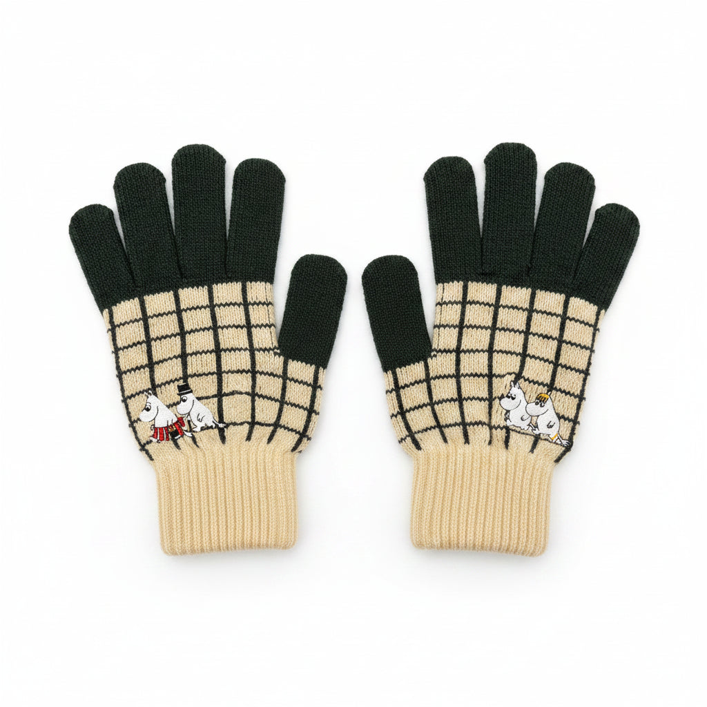 Knitted Moomin Chequered Gloves photographed flat against white background showing embroidered Moomin family.
