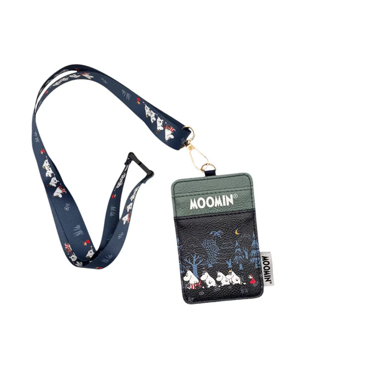 Product image of Moomin Forest Lanyard with strap, showing forest scene and characters on white background.

