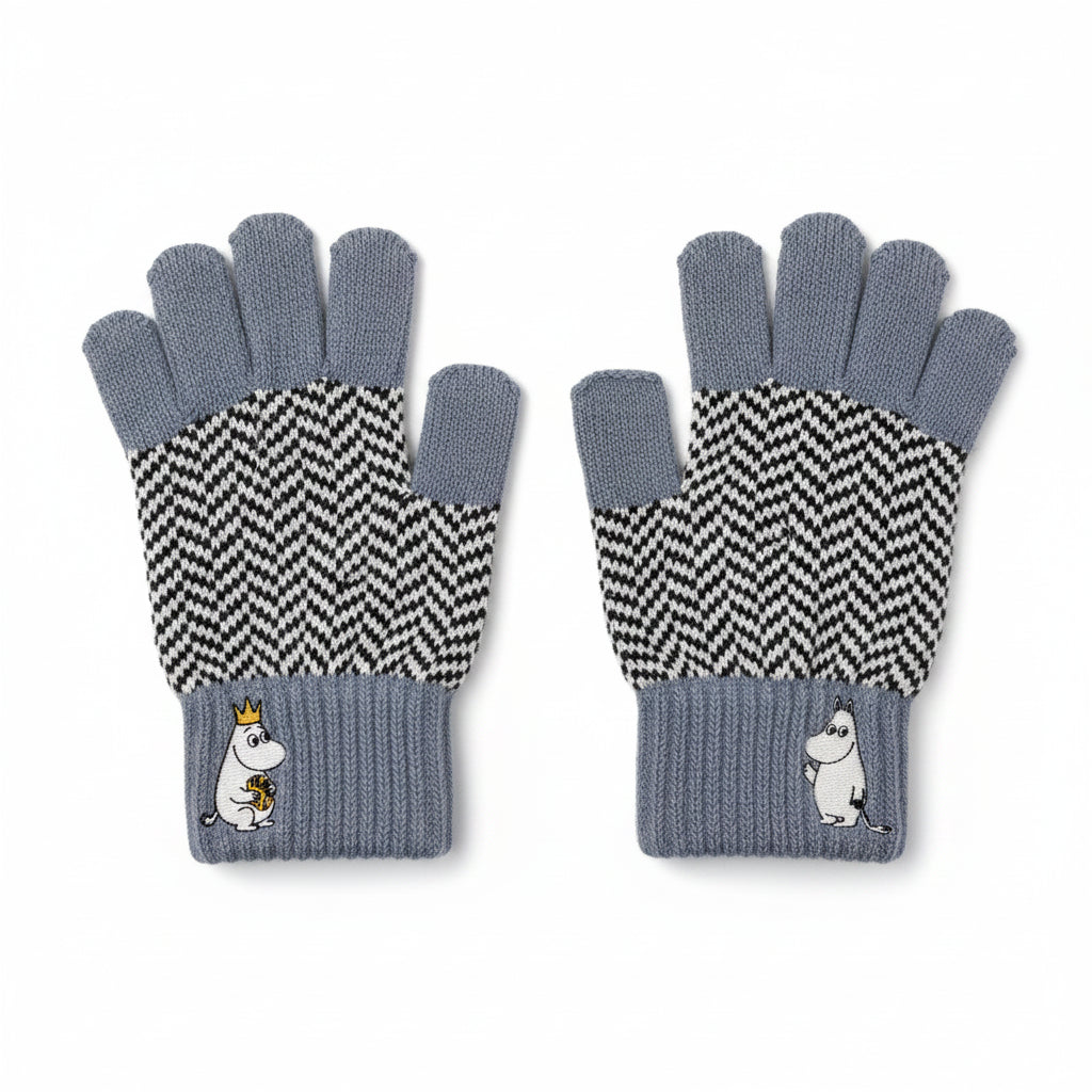 Flat lay of Moomin Herringbone Gloves showing Moomin character embroidery and monochrome design.
