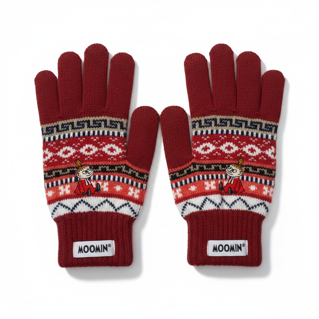Pair of red Moomin Little My Fair Isle knit gloves crossed.