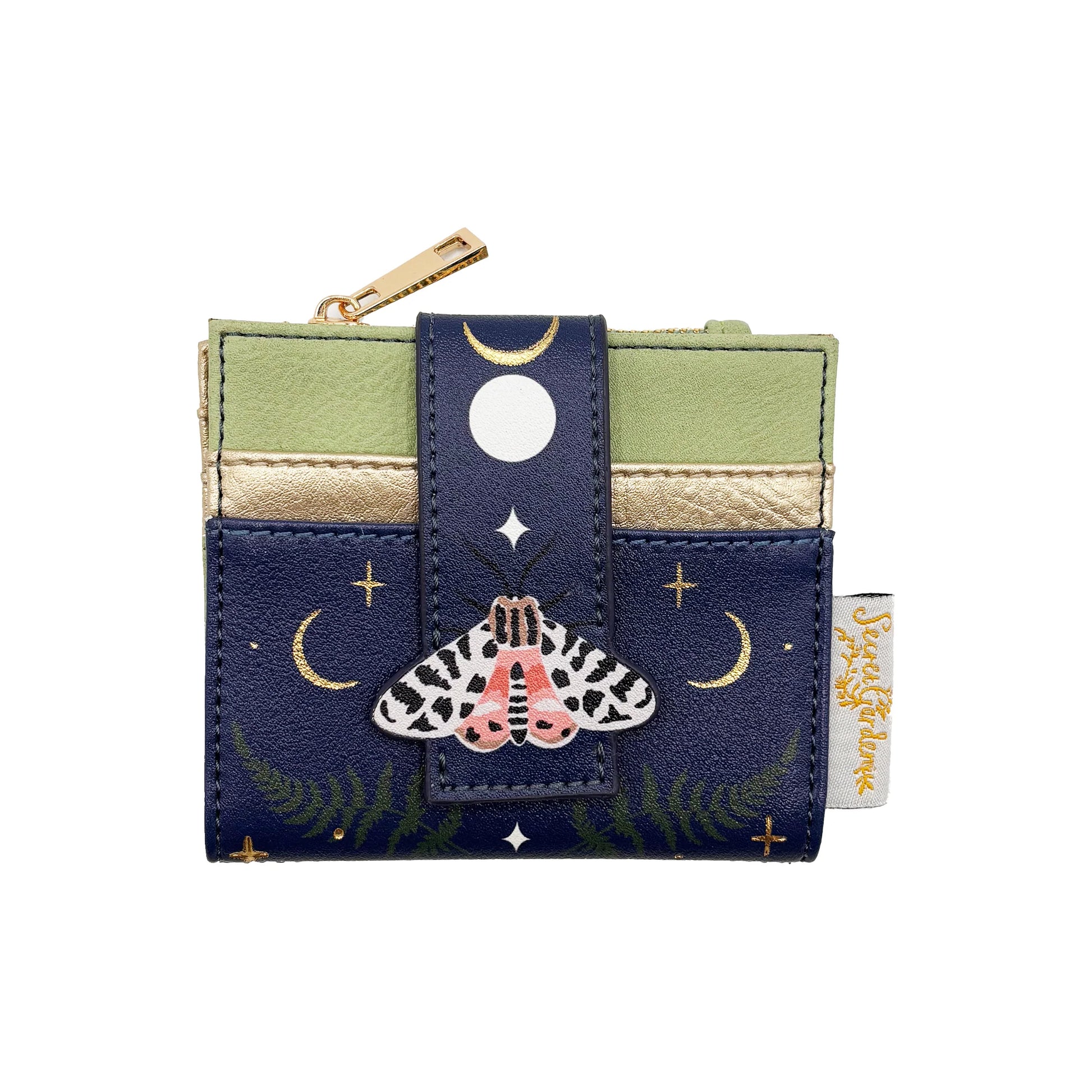 Front view of moth purse with moon and star detailing