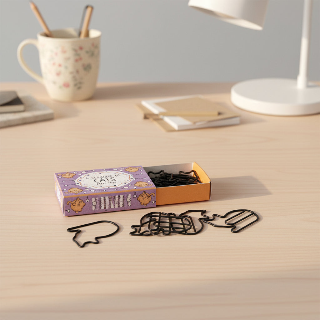 Cat shaped paper clips beside their illustrated matchbox style box