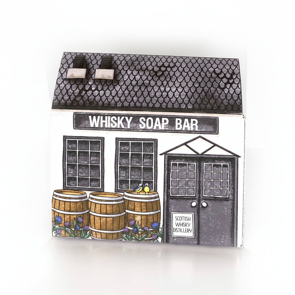 Neon Magpie Distillery soap packaging showing whimsical distillery illustration.