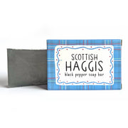 Scottish Haggis black pepper soap bar in blue patterned packaging