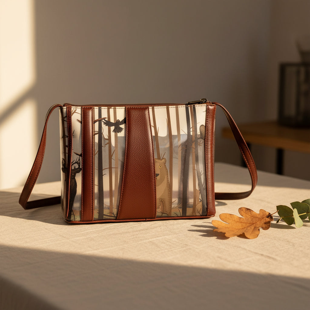 Into The Wild leather cross body bag in brown with woodland stag and tree detailing