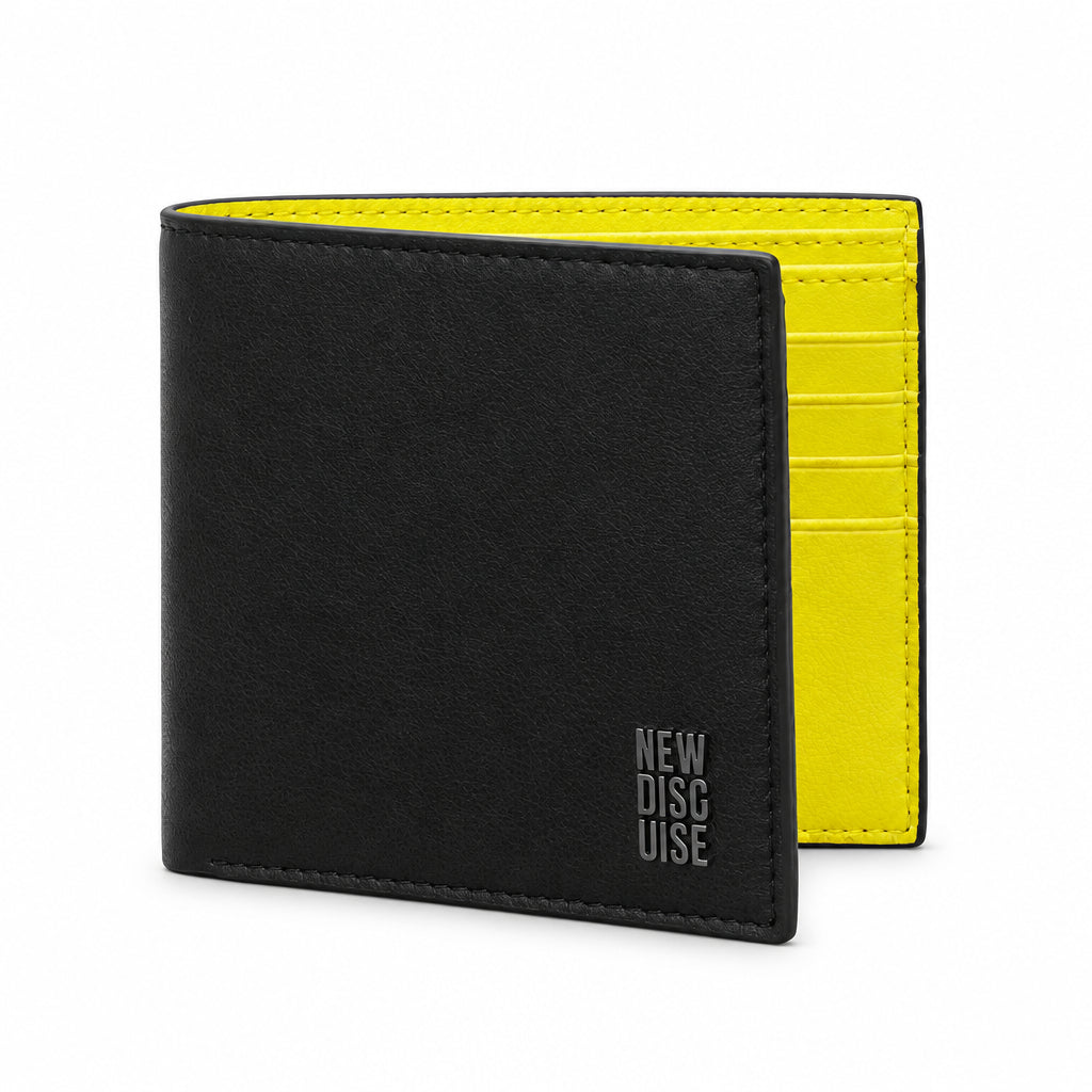 Brandon Core Wallet in black and yellow, front view on grey