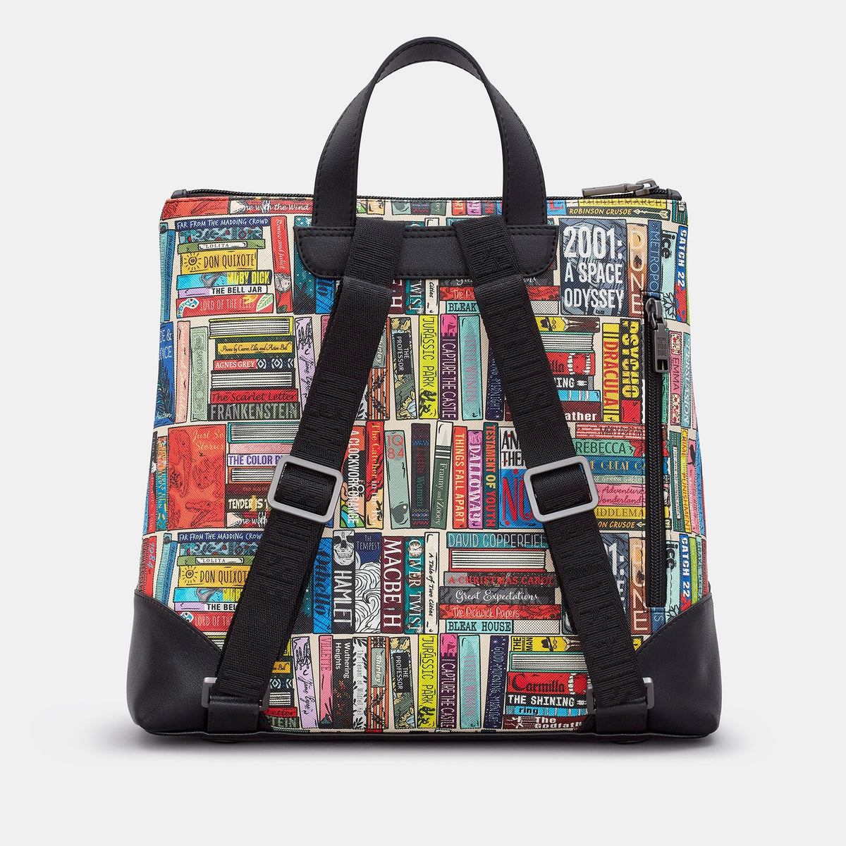 Classic Library Backpack in book spine print, black trim, back view