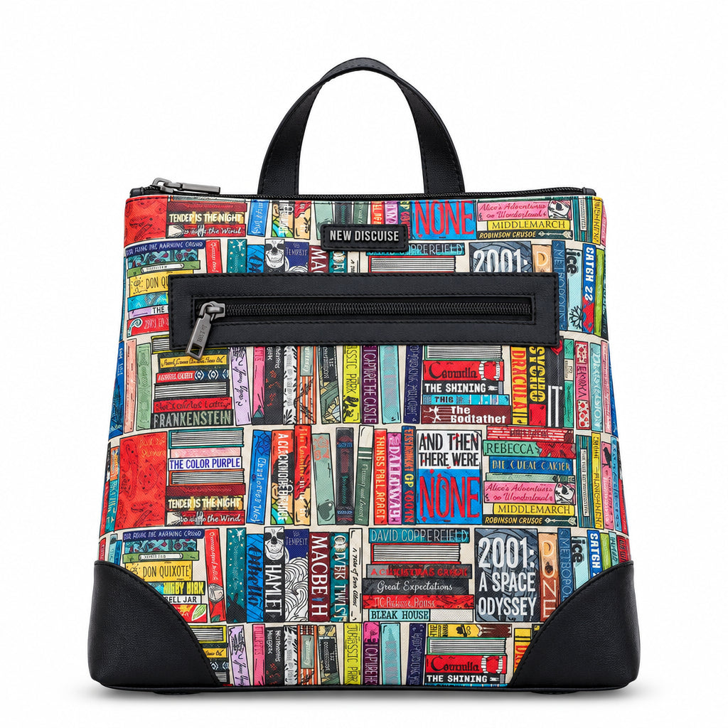 Classic Library Backpack in book spine print, black trim, front view on grey