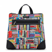 Classic Library Backpack in book spine print, black trim, front view on grey