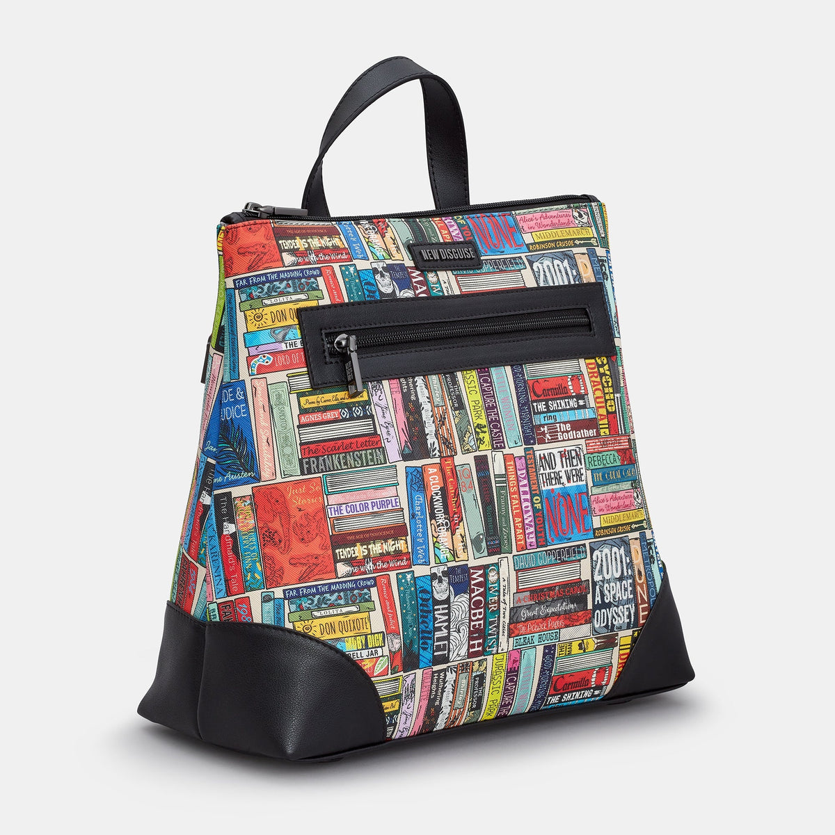 Classic Library Backpack in book spine print, black trim, side view