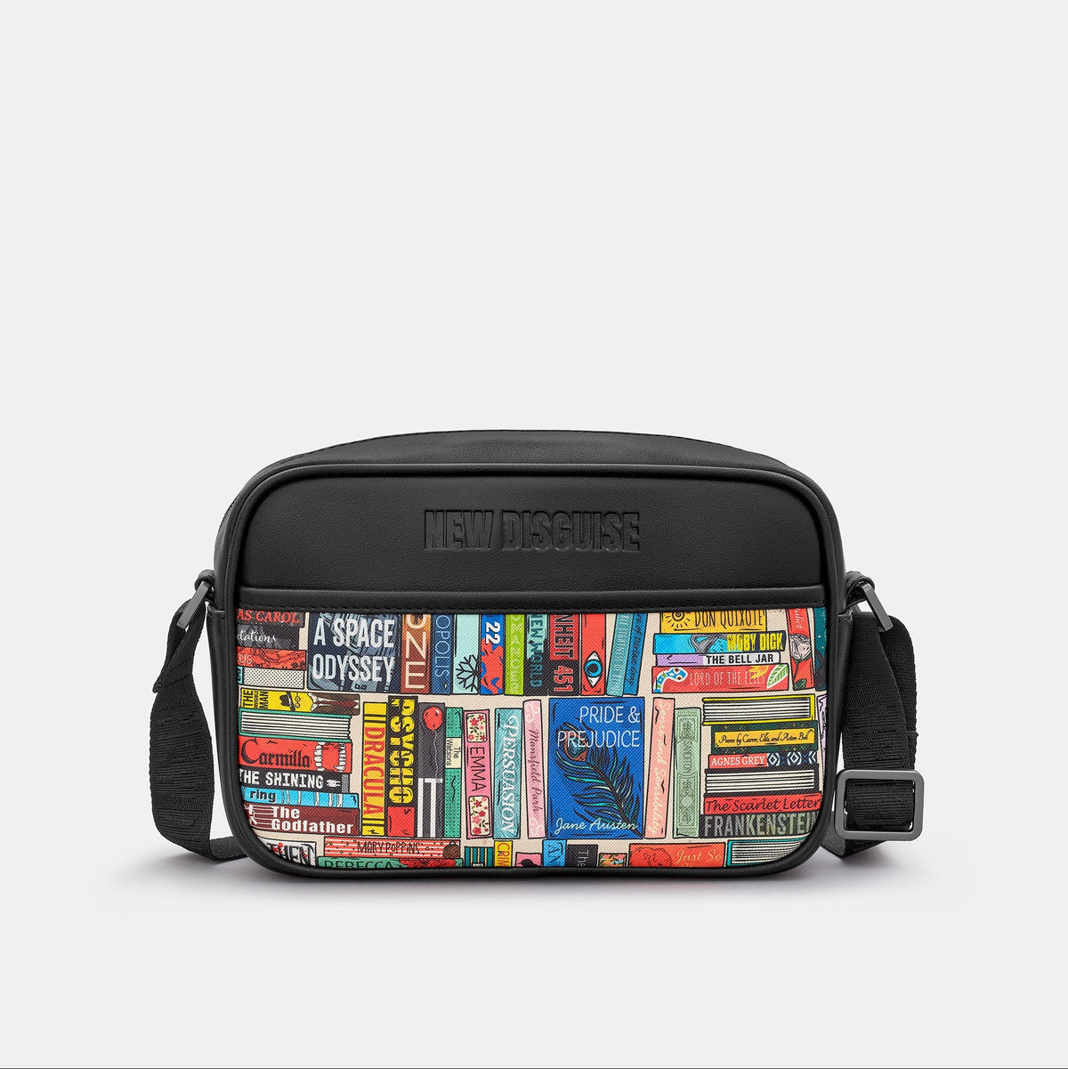 Classic Library Cross Body Bag in book spine print, black trim, back view