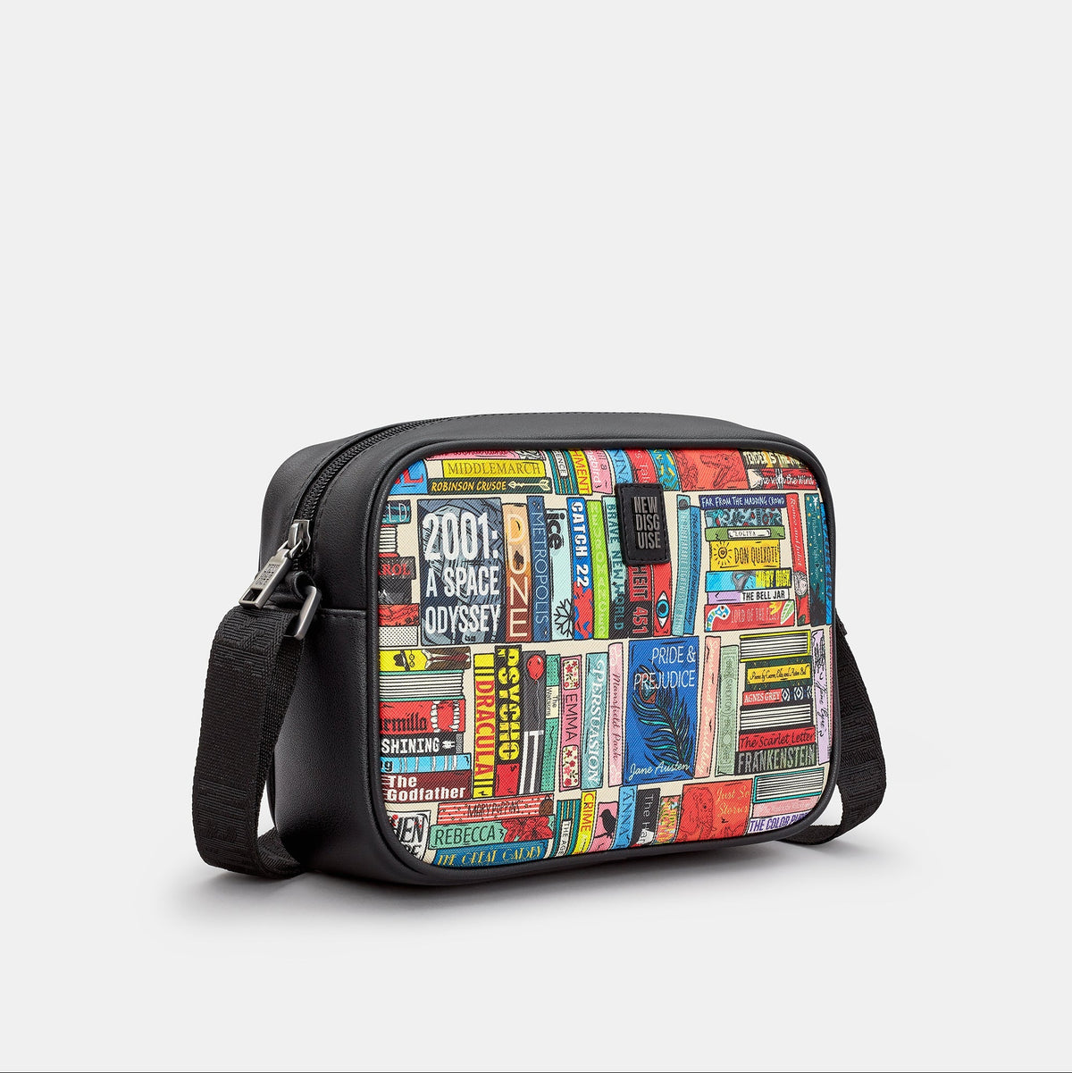 Classic Library Cross Body Bag in book spine print, black trim, side view