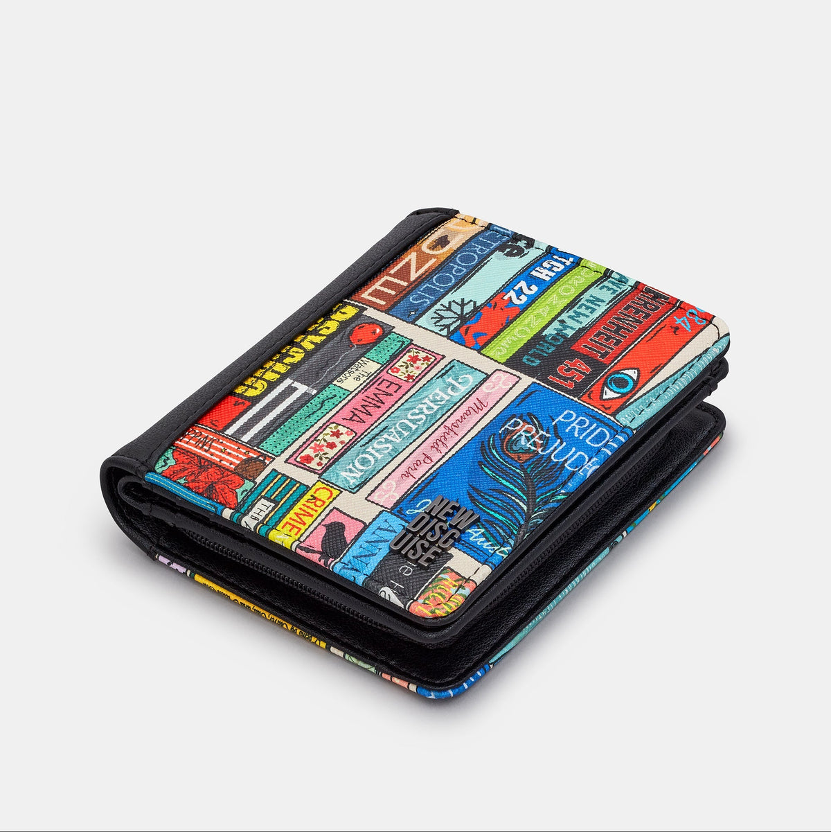 Classic Library Purse in book spine print, black trim, angled view