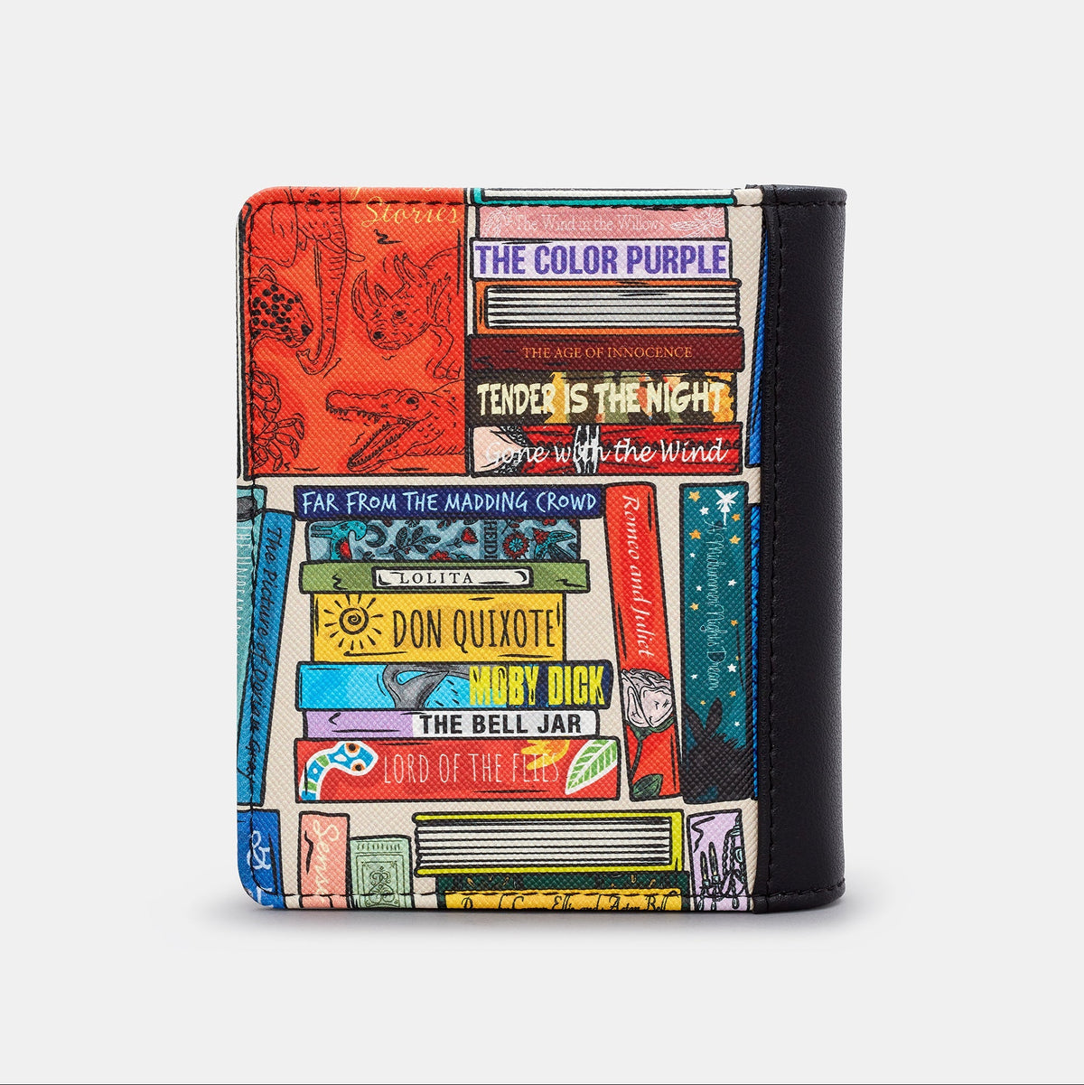 Classic Library Purse in book spine print, black trim, back view