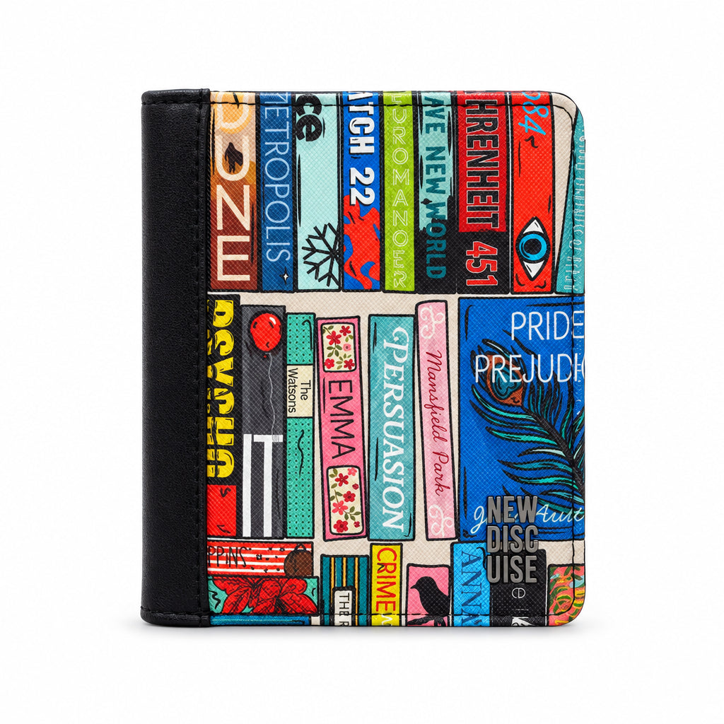 Classic Library Purse in book spine print, black trim, front view on grey