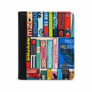 Classic Library Purse in book spine print, black trim, front view on grey