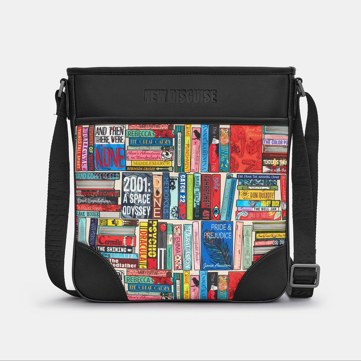 Classic Library Maxi Cross Body Bag in book spine print, black trim, back view