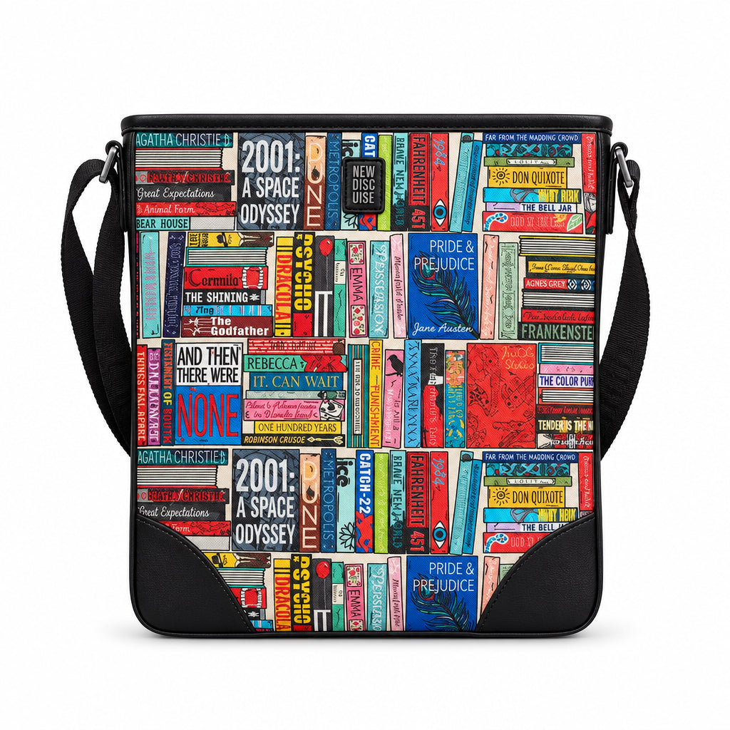 Classic Library Maxi Cross Body Bag in book spine print, black trim, front view on grey