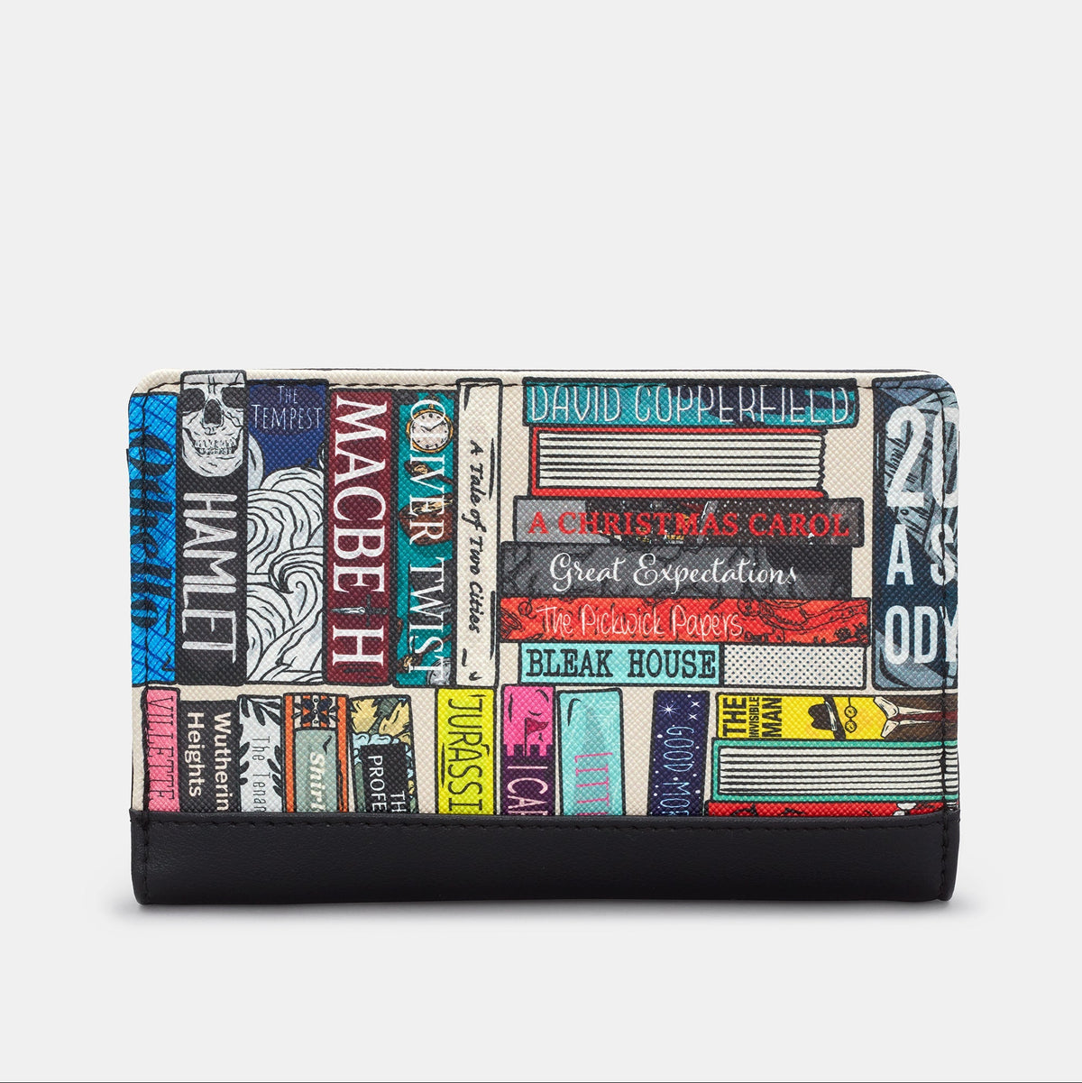 Classic Library Zip Around Purse in book spine print, black trim, back view