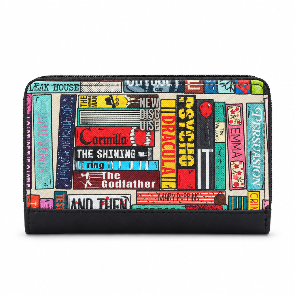 Classic Library Zip Around Purse in book spine print, black trim, front view on grey