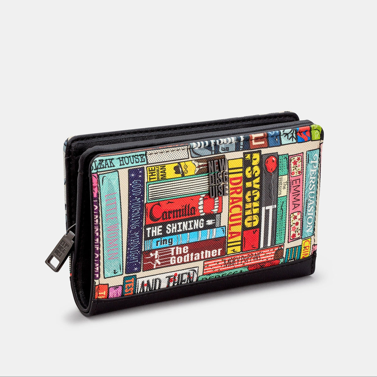 Classic Library Zip Around Purse in book spine print, black trim, side view