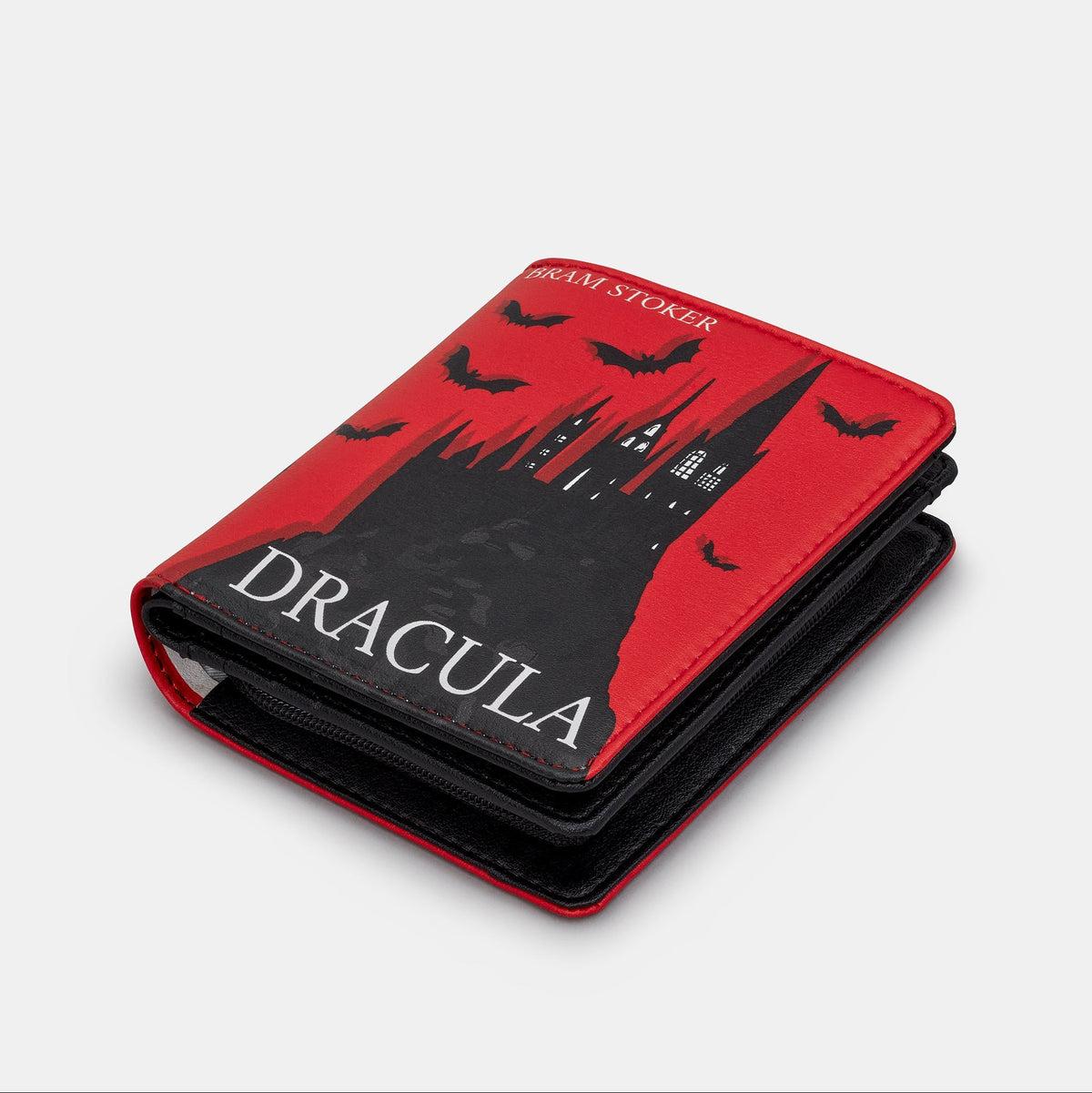 Dracula Book Cover Purse in red and black, angled view