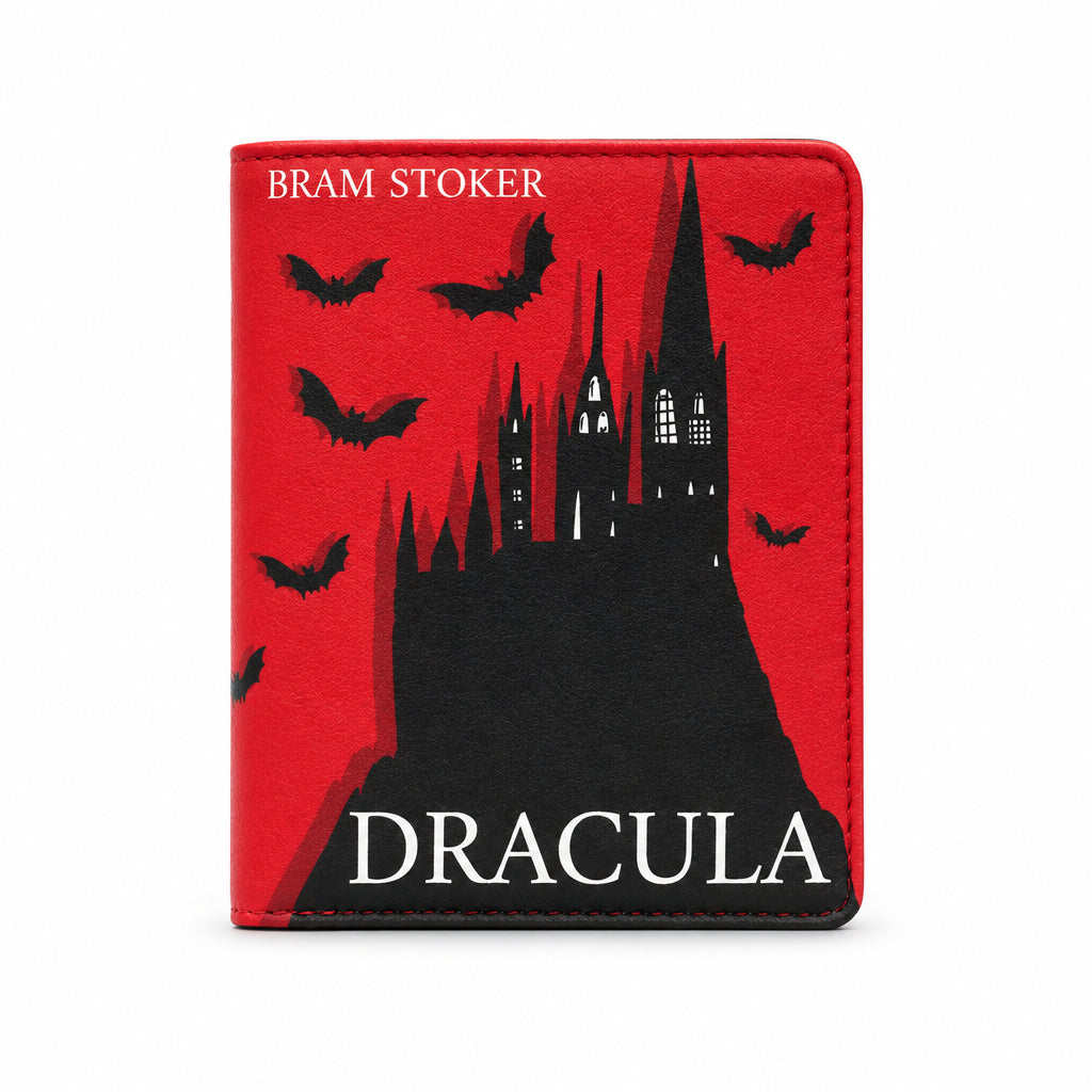 Dracula Book Cover Purse in red and black, front view on grey