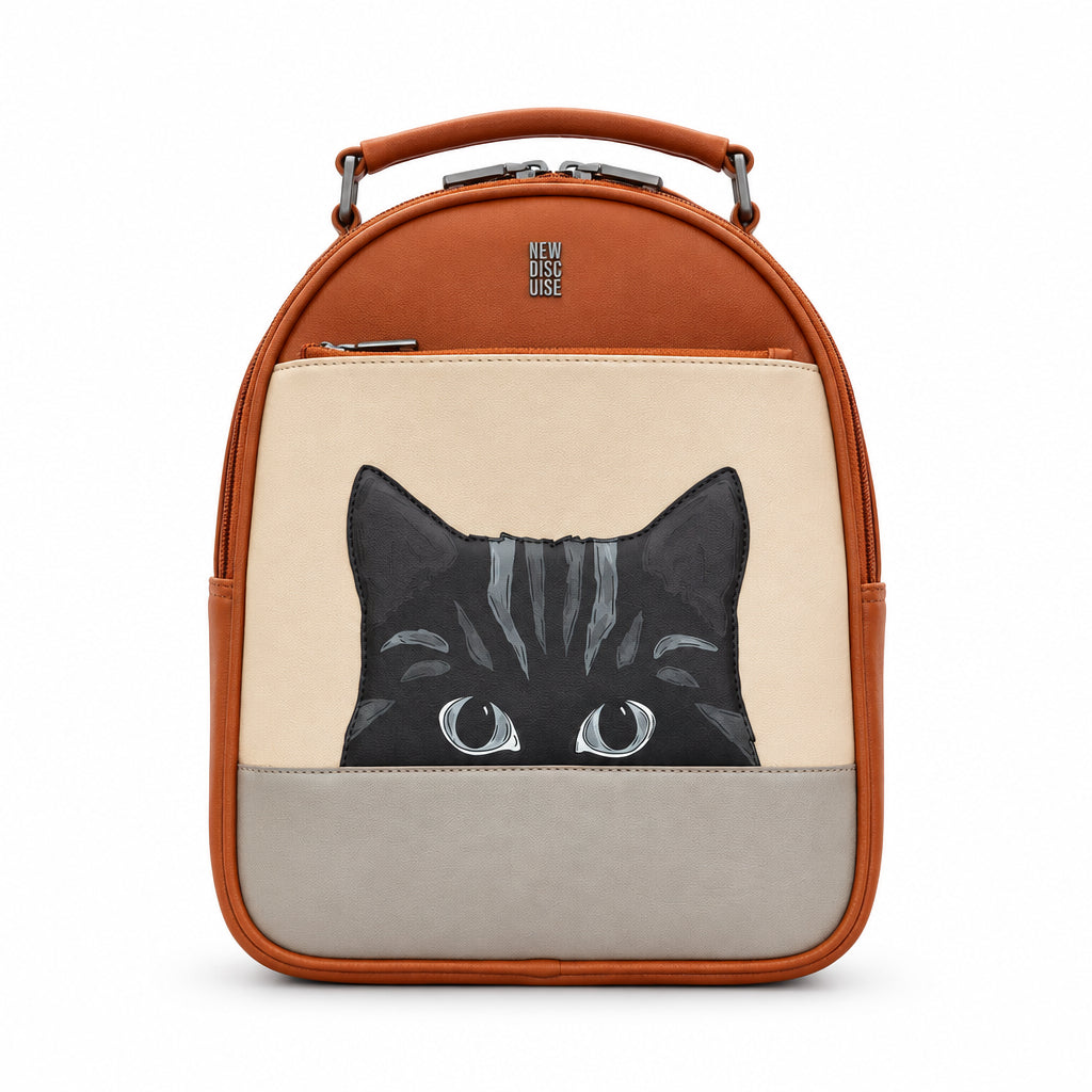Gatto Cat Backpack in mocha and cream, front view on grey