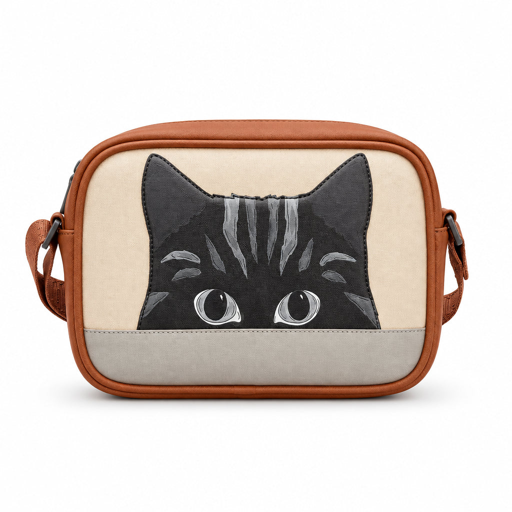 Gatto Cat Cross Body Bag in mocha and cream, front view on grey