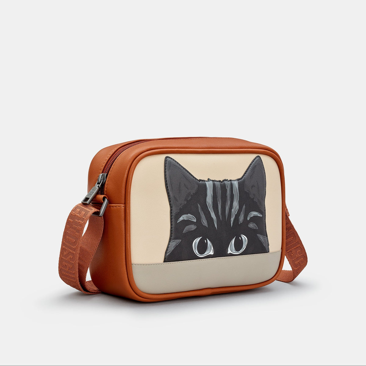 Gatto Cat Cross Body Bag in mocha and cream, side view