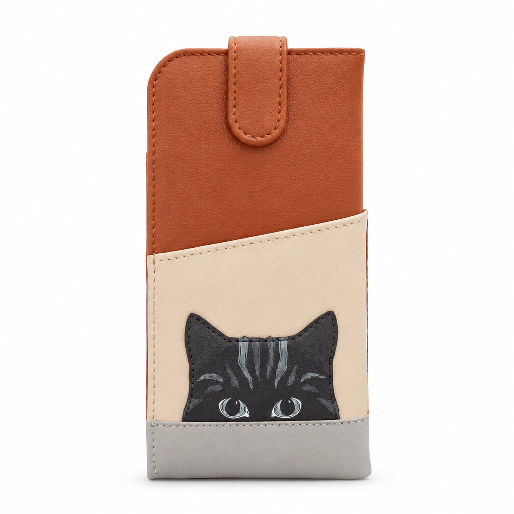 Gatto Cat Glasses Case in mocha and cream, front view on grey
