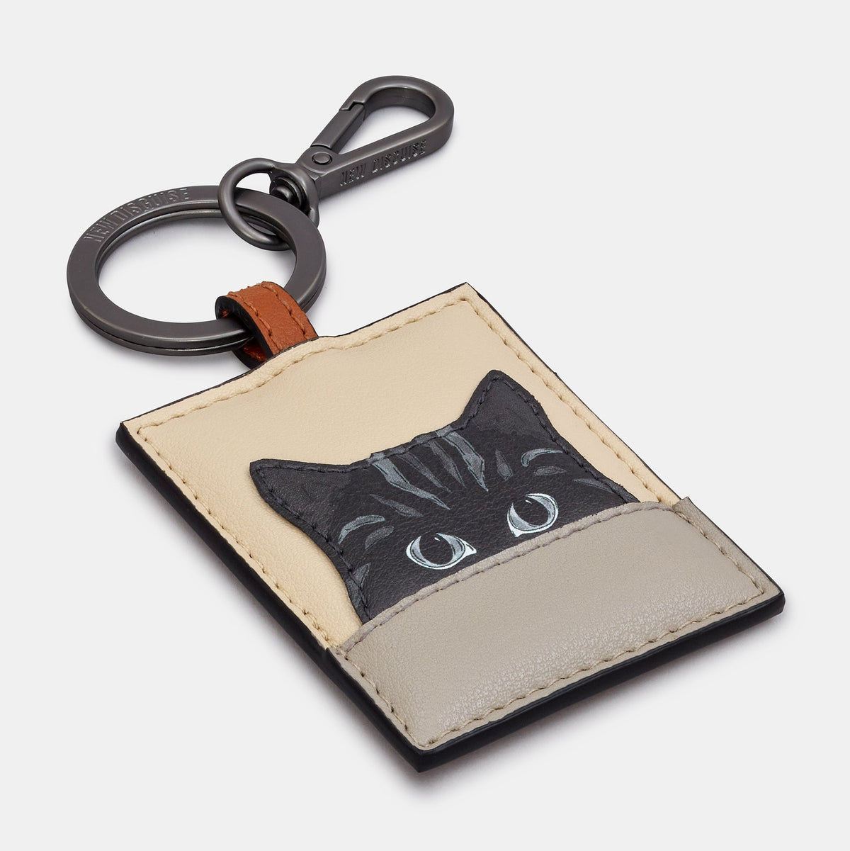 Gatto Cat Keyring in mocha and cream, angled view