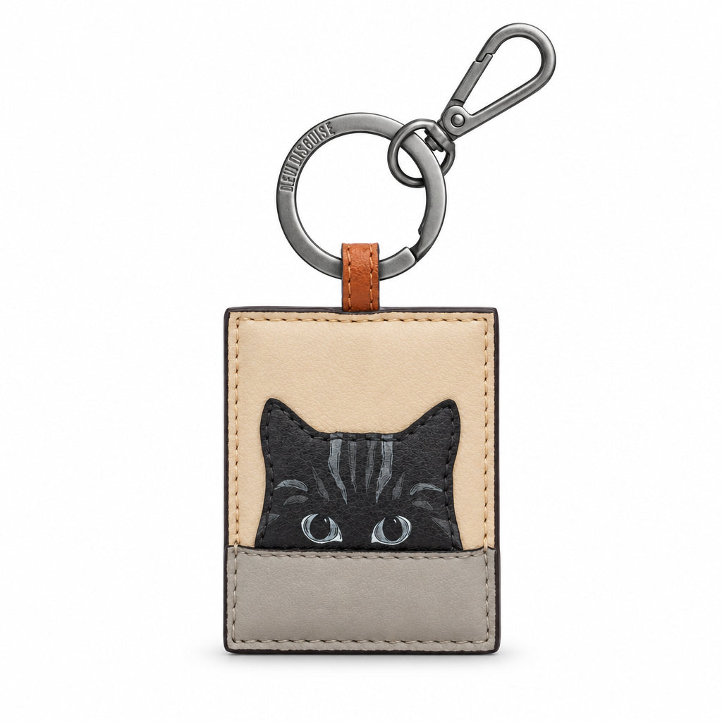 Gatto Cat Keyring in mocha and cream, front view on grey