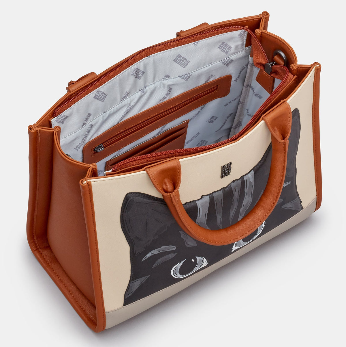 Gatto Cat Tote Bag in mocha and cream, angled view