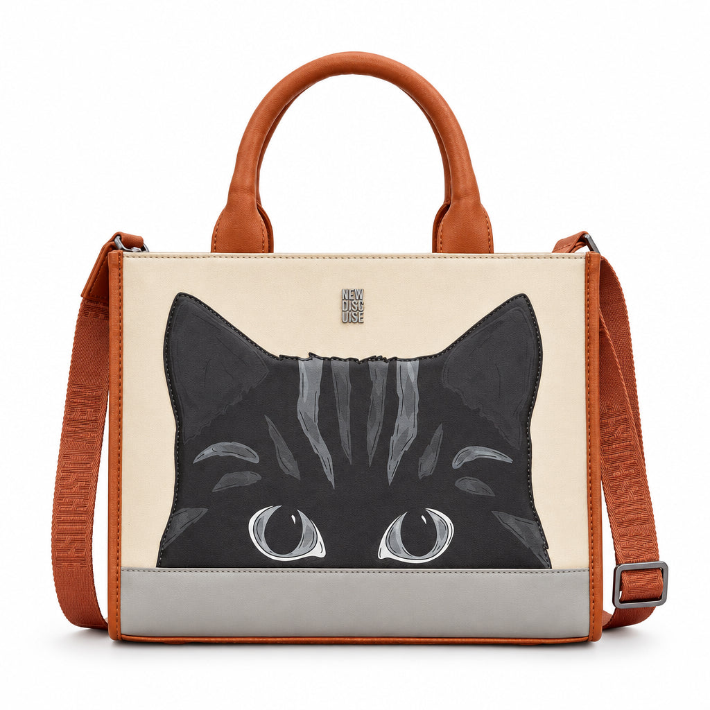 Gatto Cat Tote Bag in mocha and cream, front view on grey